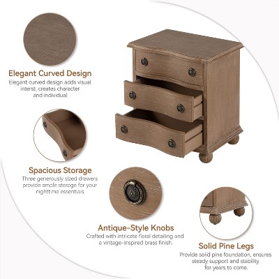 JIONJOY 3-Drawer Wood Nightstand with Curved Front