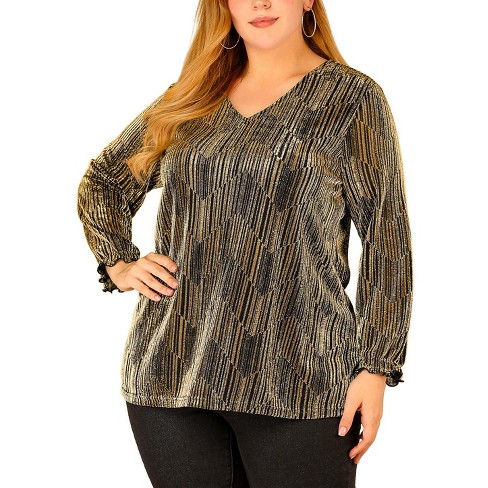 Agnes Orinda Women s Plus Size Glitter Sparkle V Neck Metallic Party Sequin Blouse Gold 1X