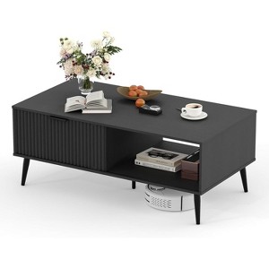 Coffee Tables for Living Room, Farmhouse Center Table with Hidden Storage and Fluted Sliding Door, Dining Table for Home Apartment Office - 1 of 4