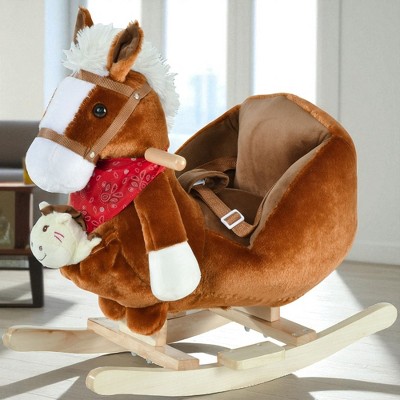 Mshliw Rocking Horse Ride-On Toy with Lullaby Song, Hand Puppets, Soft Plush Seat & Safety Belt, Wooden Base for Ages 18-36 Months, Halloween gift