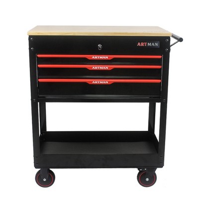 Rolling Tool with 3 Drawer Adjustable Shelf Locking Storage for Garage Warehouse Repair Black