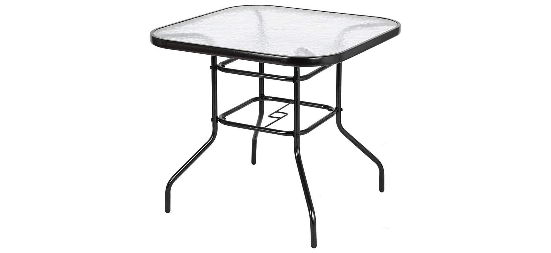 VINGLI Patio Table with Umbrella Hole, 32" Outdoor Dining Table Steel Tempered Glass Patio Table, Outdoor Table for Balcony Garden Deck (Squrae)