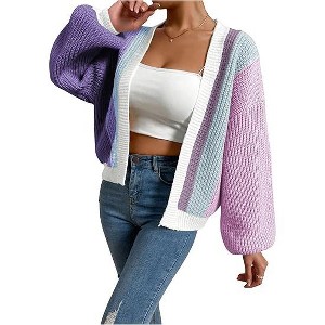 YESFASHION Women's Color Block Open Front Long Sleeve Ribbed Knit Cropped Cardigan Sweaters - 1 of 4