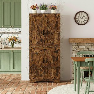 Ora Maison 71” Tall Kitchen Pantry Cabinet, Freestanding Wooden Cupboard with Bottle Storage, Adjustable Shelves & 6 Door Racks, Rustic Brown - 1 of 4