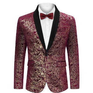 Coolmee Men's Floral Tuxedo Jacket Jacquard Suit Jacket One Button Slim Fit Blazer - 1 of 4