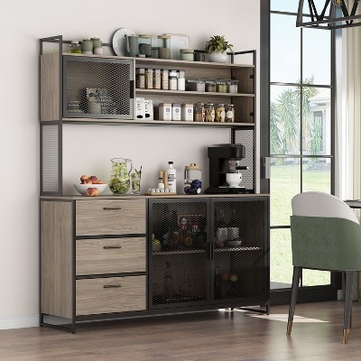 FUFU&GAGA 59"W Kitchen Wooden Buffet Cabinet with Metal Mesh Doors Cookware Shelf Kitchen Worktop