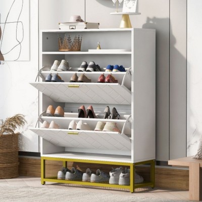 Shoe Storage Cabinet With 2 Flip Drawers, Narrow Shoe Rack Cabinet With Top And Bottom Open Shelf, Anti-tip Device For Hallway Entryway Hallway