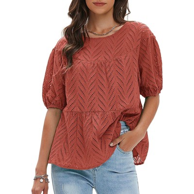 EXLURA Women's Summer Tops Dressy Casual Short Lantern Sleeve Shirts Crew Neck Hollow Out Lace Embroidered Blouses Shirts
