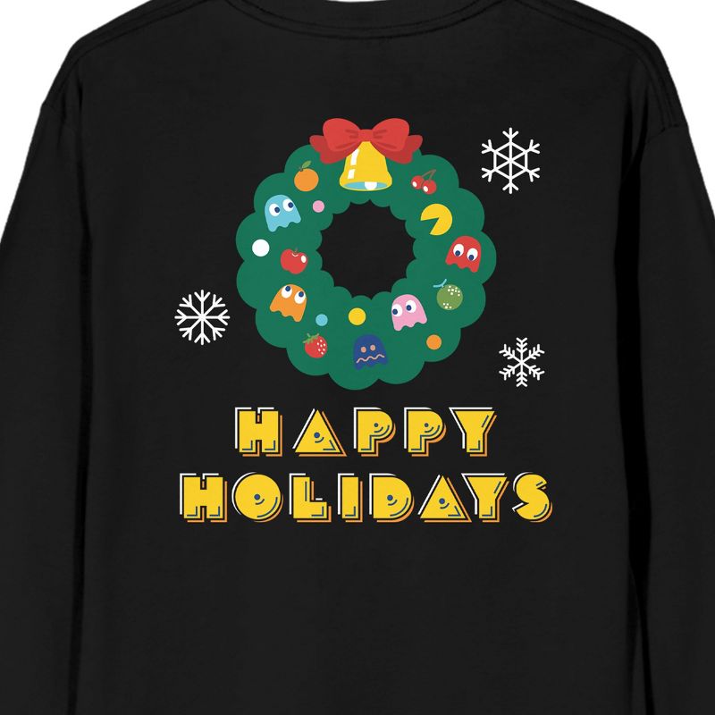 Pac-Man Happy Holidays Crew Neck Long Sleeve Black Adult Tee-Small, 4 of 5