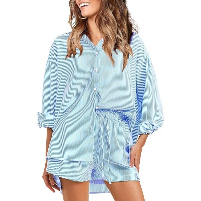 EXLURA Women's Summer 2 Piece Sets Long Sleeve Button Down Shirts Matching Short Sets Oversized Spring Vacation Outfits