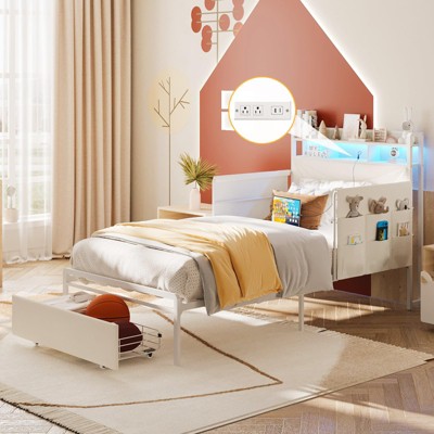 Upholstered Platform Bed Frame with Guardrail, Storage Headboard & Drawer