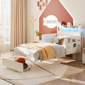 Upholstered Platform Bed Frame with Guardrail, Storage Headboard & Drawer - 1 of 4