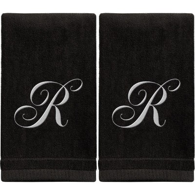 Creative Scents Black Fingertip Monogrammed Towels White Embroidered