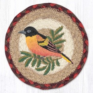 Earth Rugs Oriole Round Coaster – 7"x7" Braided Jute with Hand-Stenciled Bird Design for Nature-Inspired Decor - 1 of 3