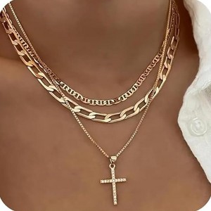HTUTWOO Cross Necklace for Women,Stackable Stacked Stacking Layering Layered Necklaces Dainty Gold Necklace Paperclip Box Flat Mariner Chain Necklace - 1 of 4