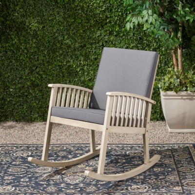 Gray Patio Accent Chairs,Farmhouse Modern Acacia Wood Patio Rocking Glider Chair,Upholstered Premium Outdoor Rocking Chair With Cushions-Coolbinia