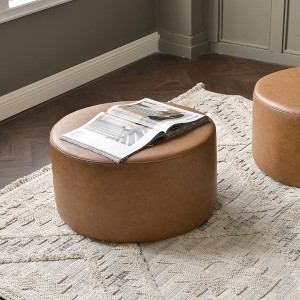 KINWELL Faux Leather Round Upholstered Footstool PU Ottoman, 24"x13" - 1 of 4
