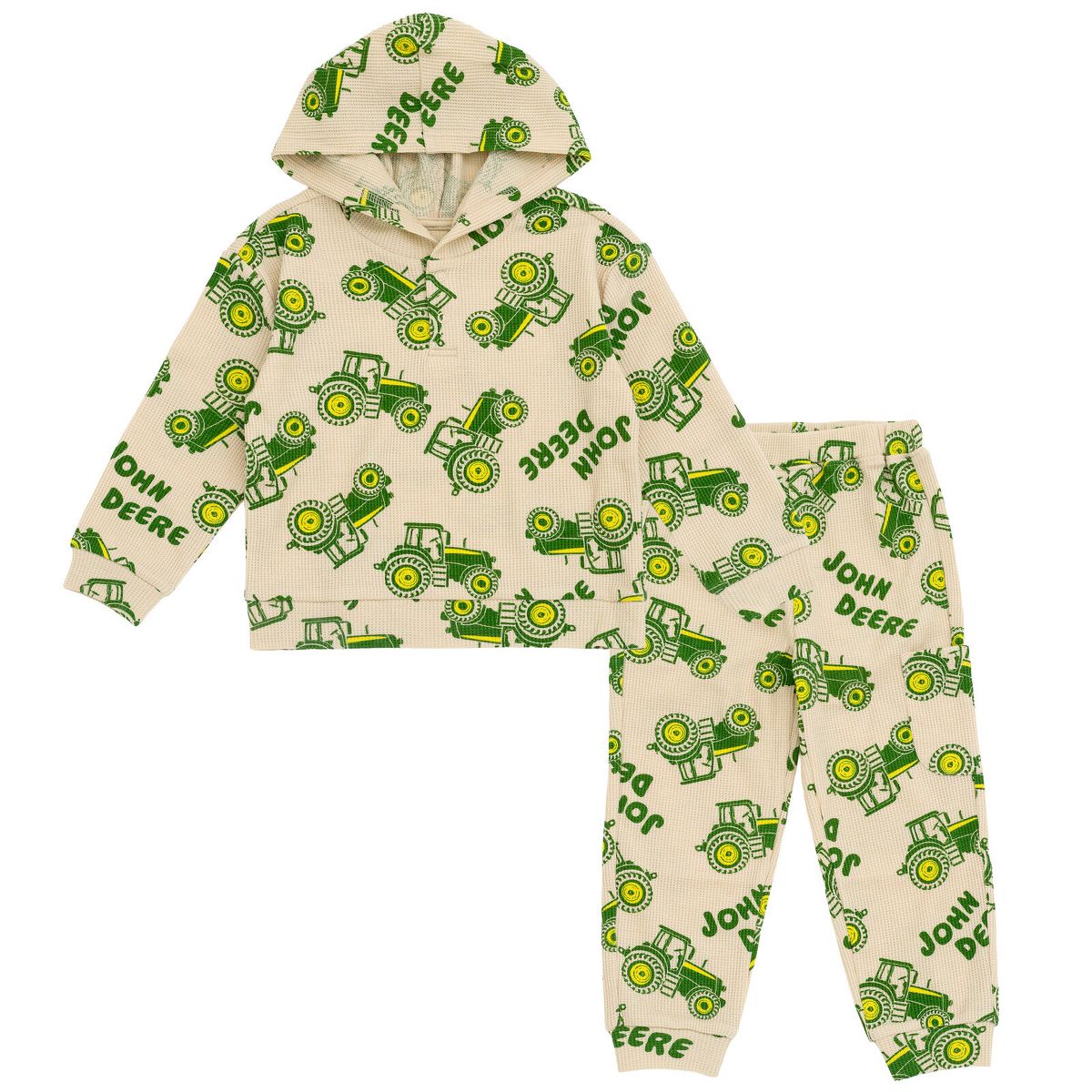 John Deere Tractor Waffle Knit Pullover Henley Hoodie and Jogger Pants Outfit Set Newborn to Infant