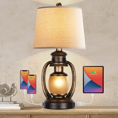 ROTTOGOON Rustic Table Lamps for Living Room Single Lantern Bedside Lamps with Oatmeal Tapered Drum Shades for Bedroom Nightstand Hotel