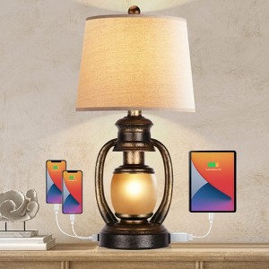 ROTTOGOON Rustic Table Lamps for Living Room Single Lantern Bedside Lamps with Oatmeal Tapered Drum Shades for Bedroom Nightstand Hotel - 1 of 4