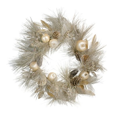 Northlight Champagne Gold Pomegranate and Apple Pine Needle Christmas Wreath - 24-Inch, Unlit