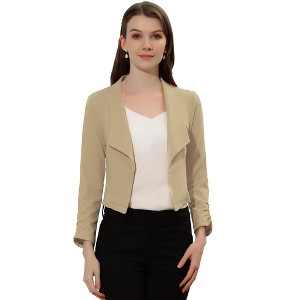 INSPIRE CHIC Women's Regular Fit Notched Lapel Ruched Sleeve Business Crop Blazer - 1 of 4