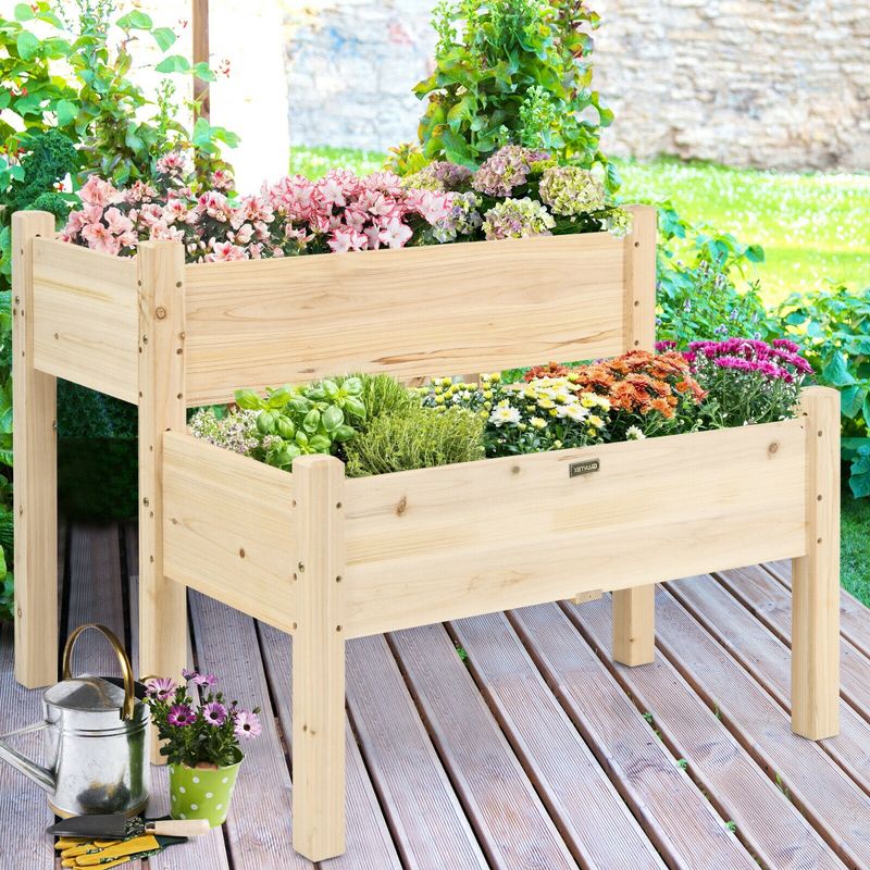 Costway 2 Tier Wooden Raised Garden Bed Elevated Planter Box w/Legs Drain Holes, 3 of 11