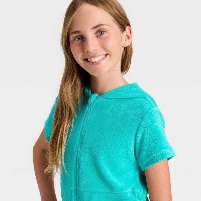 Детские купальники Cat & Jack Girls' Side Cinched Terry Zip-Up Swimsuit Cover-Up - Cat & Jack™ Turquoise Blue S — фото 3