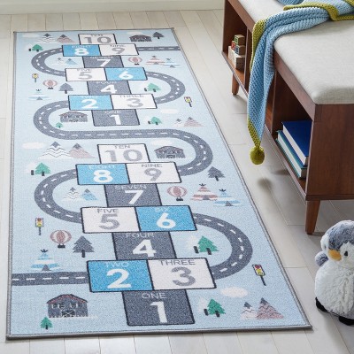 Grey and Blue Kids Playhouse Hopscotch Runner Rug