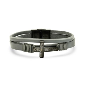 Steeltime Men's gray leather and black ip stainless steel cross with Our Father prayer bracelet - 1 of 4