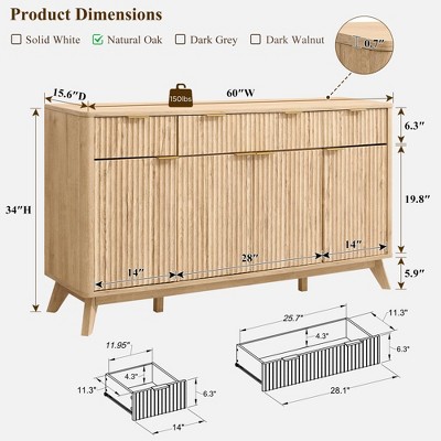 Sincido 60" Buffet Sideboard Cabinet with 4 Doors, Fluted Coffee Bar Table with 3 Drawers, Modern Sideboard for Dining Room, Living Room, Natural Oak — фото 5