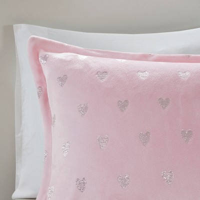 Pink Microfiber Full Kids Comforter Set with Metallic Hearts