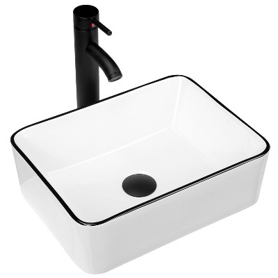 ONWITH 16 in. Ceramic Rectangular Vessel Sink in White with Faucet