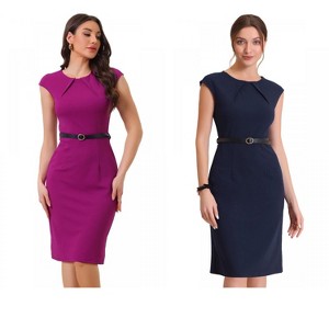 INSPIRE CHIC Women's Elegant Business Round Neck Belted Cap Sleeve Work Sheath Dresses 2 Packs - 1 of 4