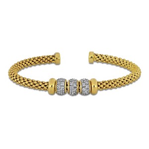 EVERLY JEWELRY | Yellow Plated Sterling Silver 3 rondelles 0.54 CT TGW Cubic Zirconia 4mm wide 4mm stretch popcorn Bangle - 1 of 4