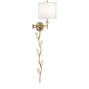 Possini Euro Design Kohle Modern Swing Arm Wall Lamp with Cord Cover Polished Brass Plug-in Light Fixture White Inner Sheer Outer Shade for Bedroom - 1 of 4