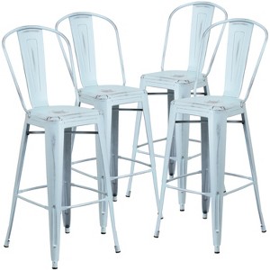 Emma and Oliver Commercial Grade 4 Pack 30" High Distressed Metal Indoor-Outdoor Barstool with Back - 1 of 4