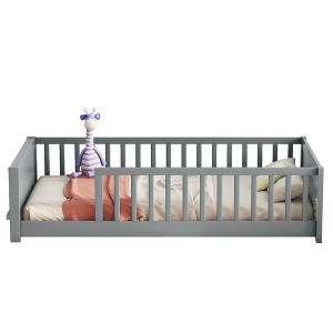 Gulches Twin Size Wood Floor Platform Bed with Built-in Book Storage Rack & Guardrails, Grey - 1 of 4