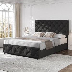 Modern Upholstered Bed Frame with Footboard, Adjustable Headboard, 4 Drawers Wooden and Slats Support - 1 of 4