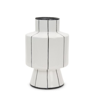HomeRoots 16" White And Black Striped Ceramic Cylinder Table Vase