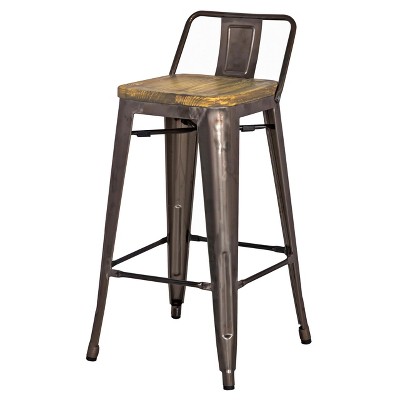 Metropolis Low Back Counter Stool Set in Gunmetal Grey with Pine Wood Seat