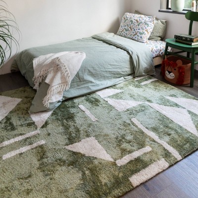 Green and White Geometric Synthetic Area Rug