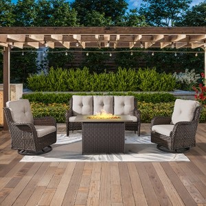 4PCS Patio Furniture Set with Fire Pit Table, Brown Wicker Outdoor Fire Pit Set with Patio Sofa, Swivel Glider Chair and Rectangular Propane Fire Pit - 1 of 4