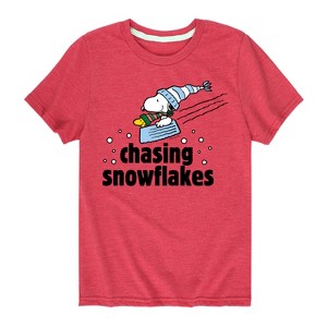 Boys' - Peanuts - Snoopy & Woodstock Chasing Snowflakes Christmas Short Sleeve Graphic T-Shirt - 1 of 4
