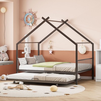 CAVINAS Full-Size Bed Frame with Storage, Full Size Bed Frame Kids, House-Shaped Metal Platform with Twin Size Trundle, Black