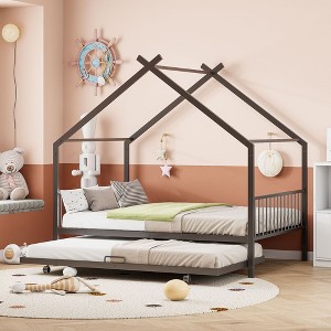 CAVINAS Full-Size Bed Frame with Storage, Full Size Bed Frame Kids, House-Shaped Metal Platform with Twin Size Trundle, Black - 1 of 4