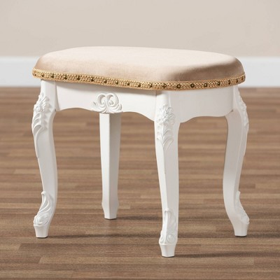 Gabrielle Sand Velvet Upholstered White Wood Vanity Ottoman