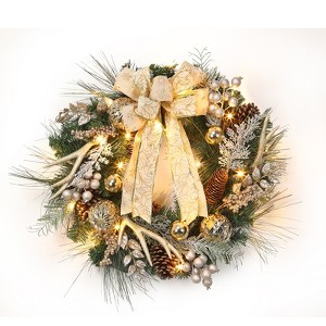 24-inch Christmas wreath with timer, 20 lights, antler bow, pine cones and balls for indoor and outdoor holiday decoration - 1 of 4