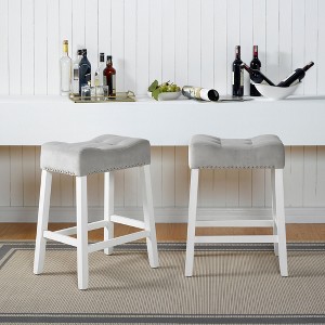 Roundhill Furniture Morovo Set of 2 Velvet Counter Height Stools with Tufted Saddle Seats, White-Wash Finish, Gray - 1 of 4