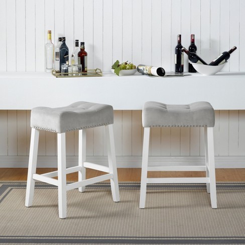 Roundhill Furniture Morovo Set of 2 Velvet Counter Height Stools with Tufted Saddle Seats, White-Wash Finish, Gray - image 1 of 4